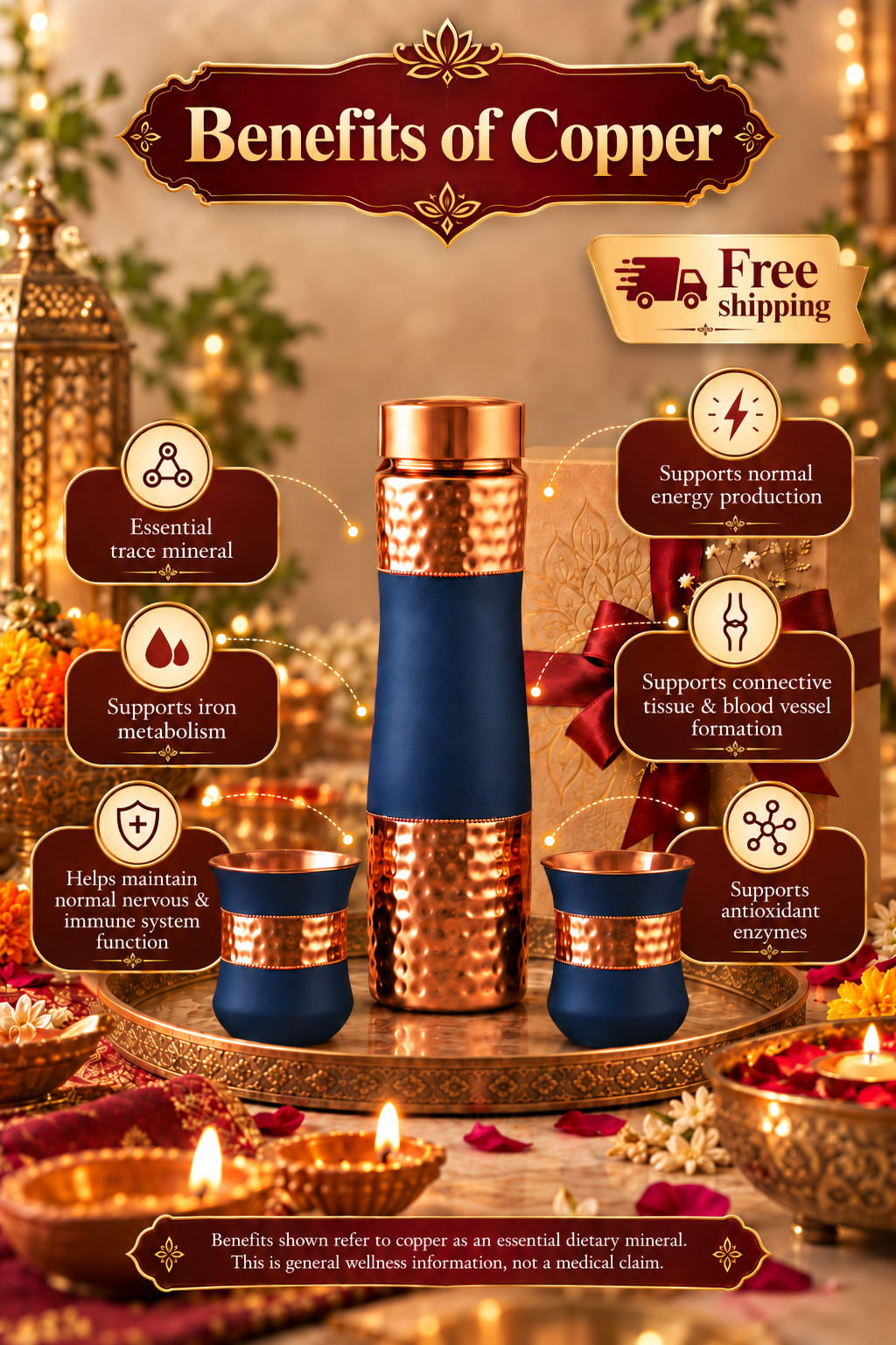 Copper DuoServe Bottle 3in1 Combo  | 99%  Copper Water Bottle 1000ml with 2 Copper Glasses 1219 Avenue