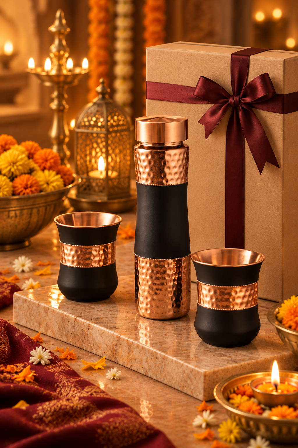 Copper DuoServe Bottle 3in1 Combo  | 99%  Copper Water Bottle 1000ml with 2 Copper Glasses 1219 Avenue