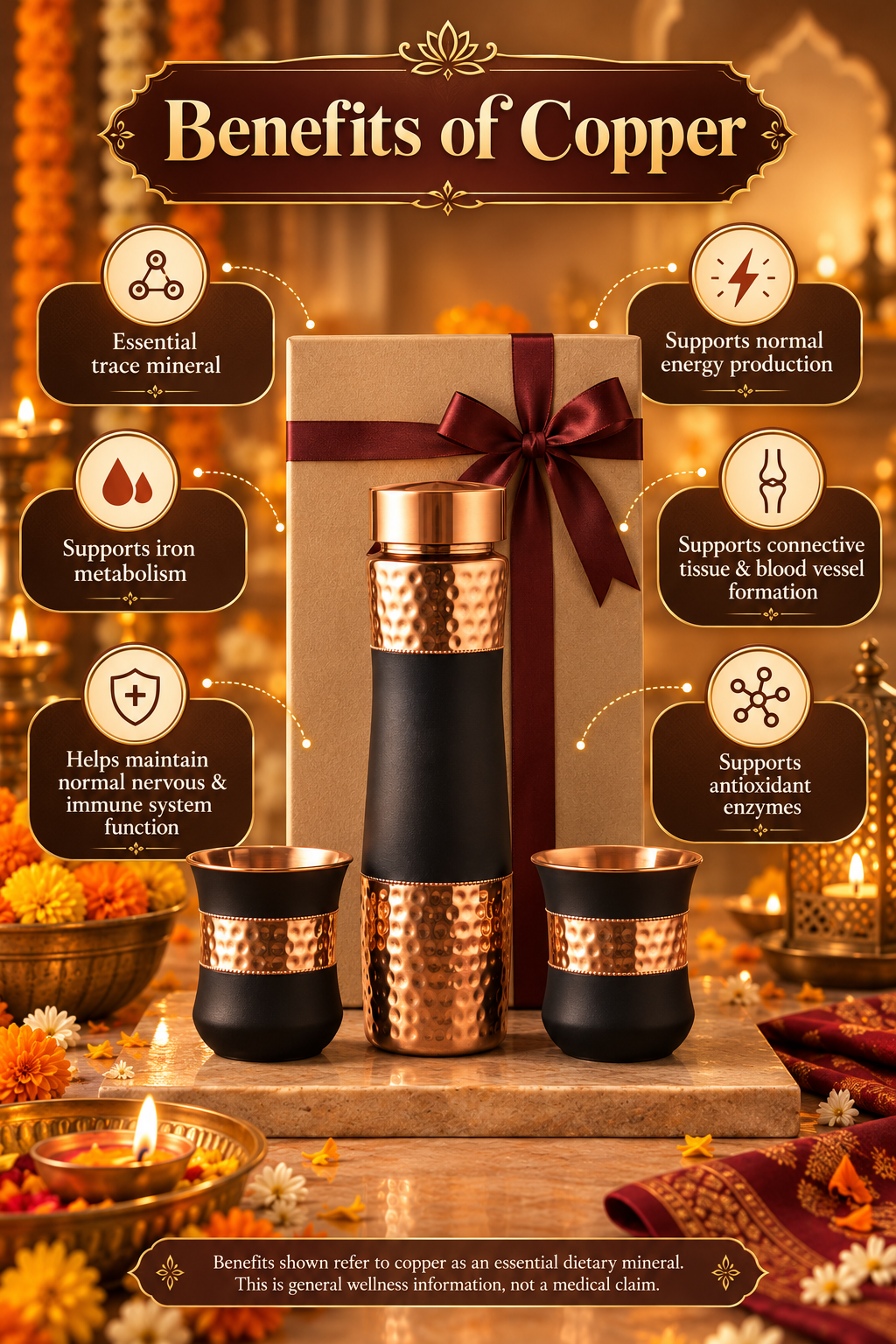 Copper DuoServe Bottle 3in1 Combo  | 99%  Copper Water Bottle 1000ml with 2 Copper Glasses 1219 Avenue