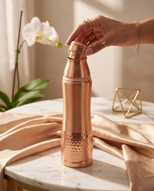 DuoSip Copper Bottle 850ml | 99% Pure Copper Water Bottle with Built-in Copper Glass | 1 Litre Leakproof | Ayurvedic Water Bottle for Daily Hydration | Handcrafted Hammered Finish 1219 Avenue