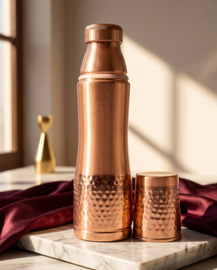 Copper DuoSip Bottle 850ml | 99% Pure Copper Water Bottle with Built-in Copper Glass | 1 Litre Leakproof | Ayurvedic Water Bottle for Daily Hydration | Handcrafted Hammered Finish