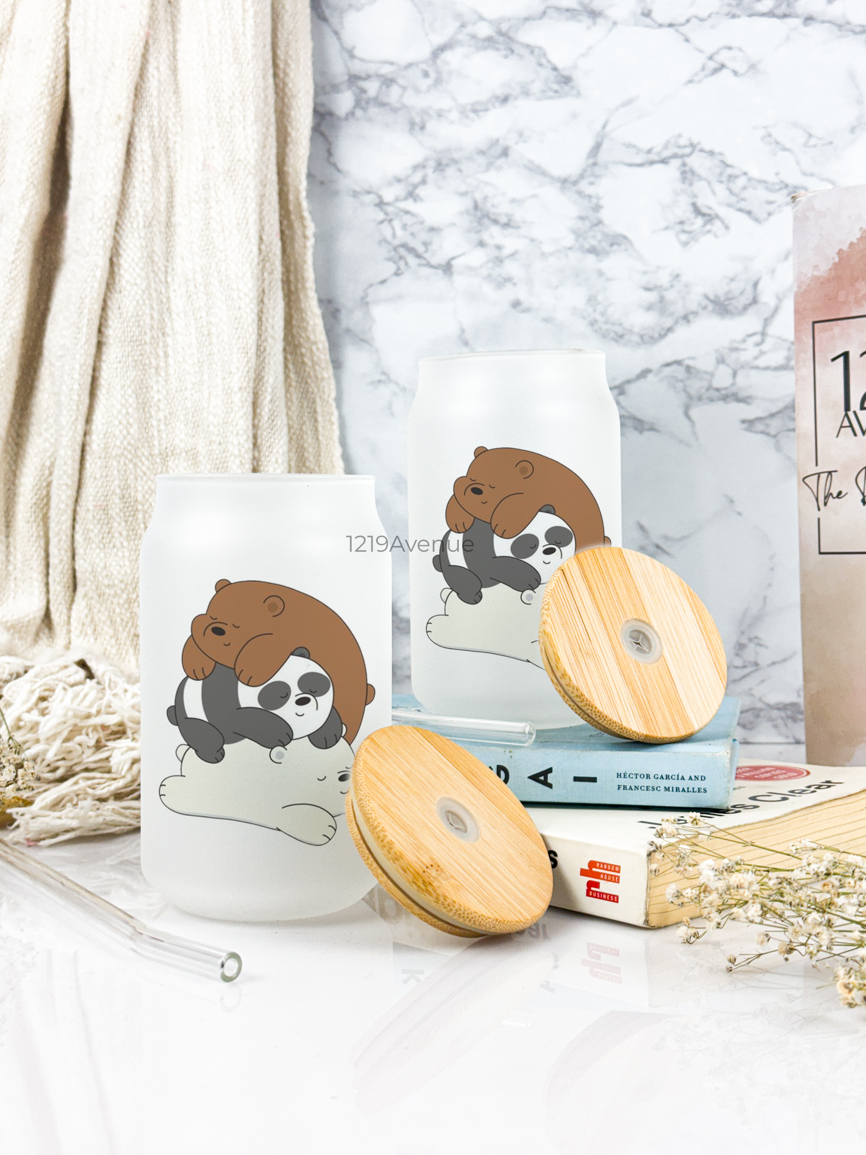 Frosted Can Shaped Sipper 500ml |Bare Bears Print| 17oz Can Tumbler with Straw and Lid 1219 Avenue India