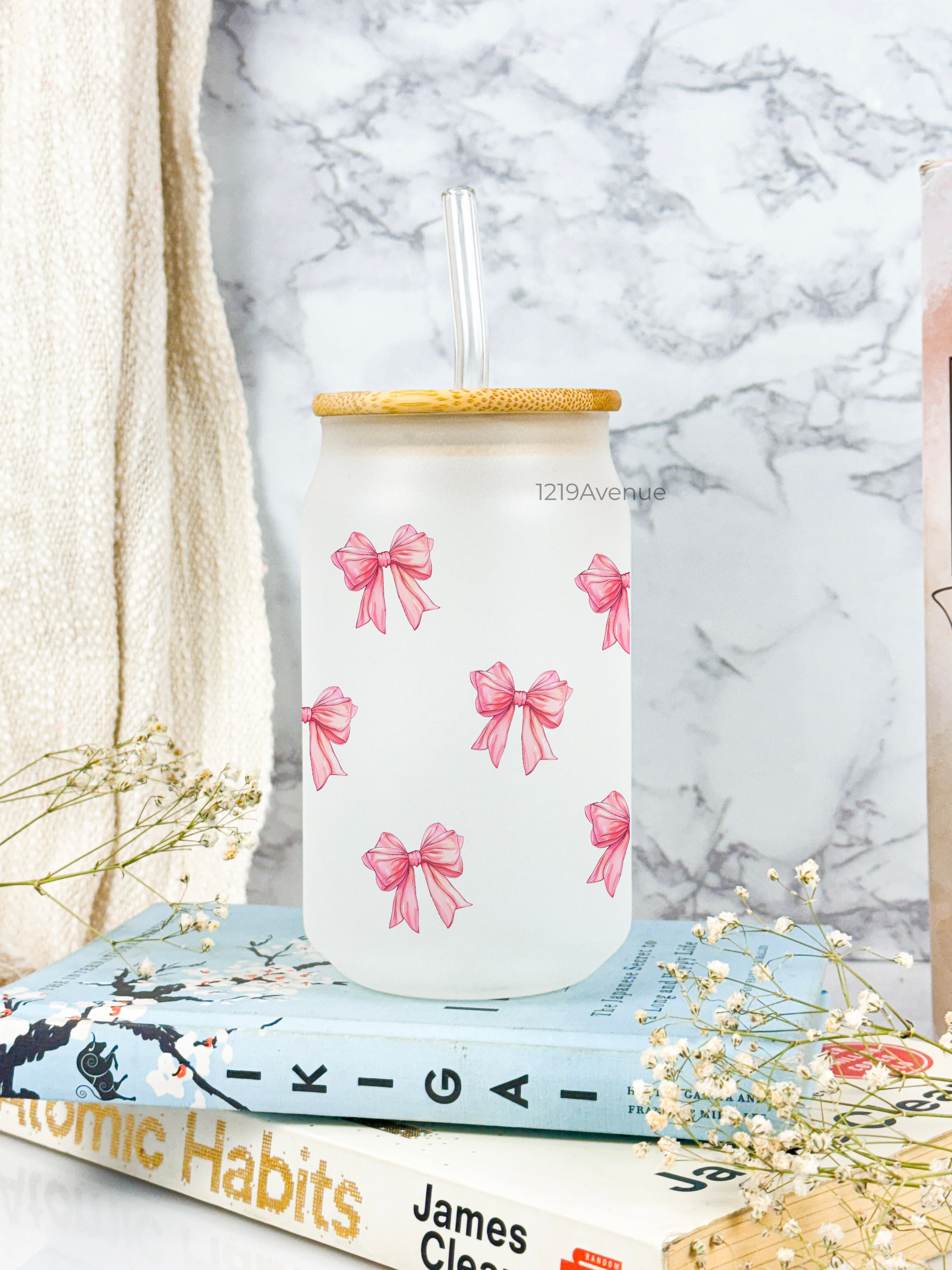 Frosted Can Shaped Sipper 500ml |Bows All Over Print| 17oz Can Tumbler with Straw and Lid 1219 Avenue
