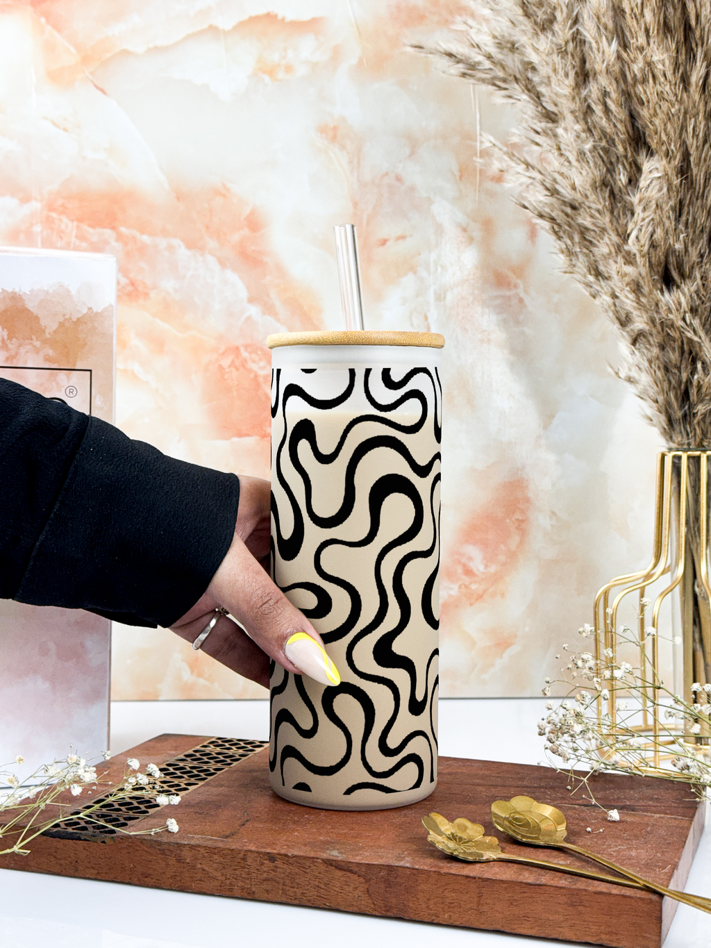 Frosted Grande Sipper 650ml| Aesthetic Swirls Print| 20oz Tall Tumbler with Straw and Lid 1219 Avenue India