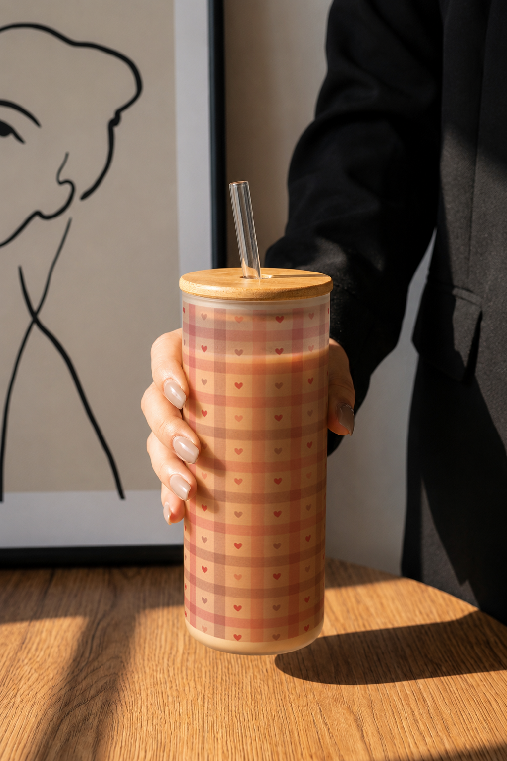 Frosted Grande Sipper 650ml| Blush Plaid Print| 20oz Tall Tumbler with Straw and Lid 1219 Avenue