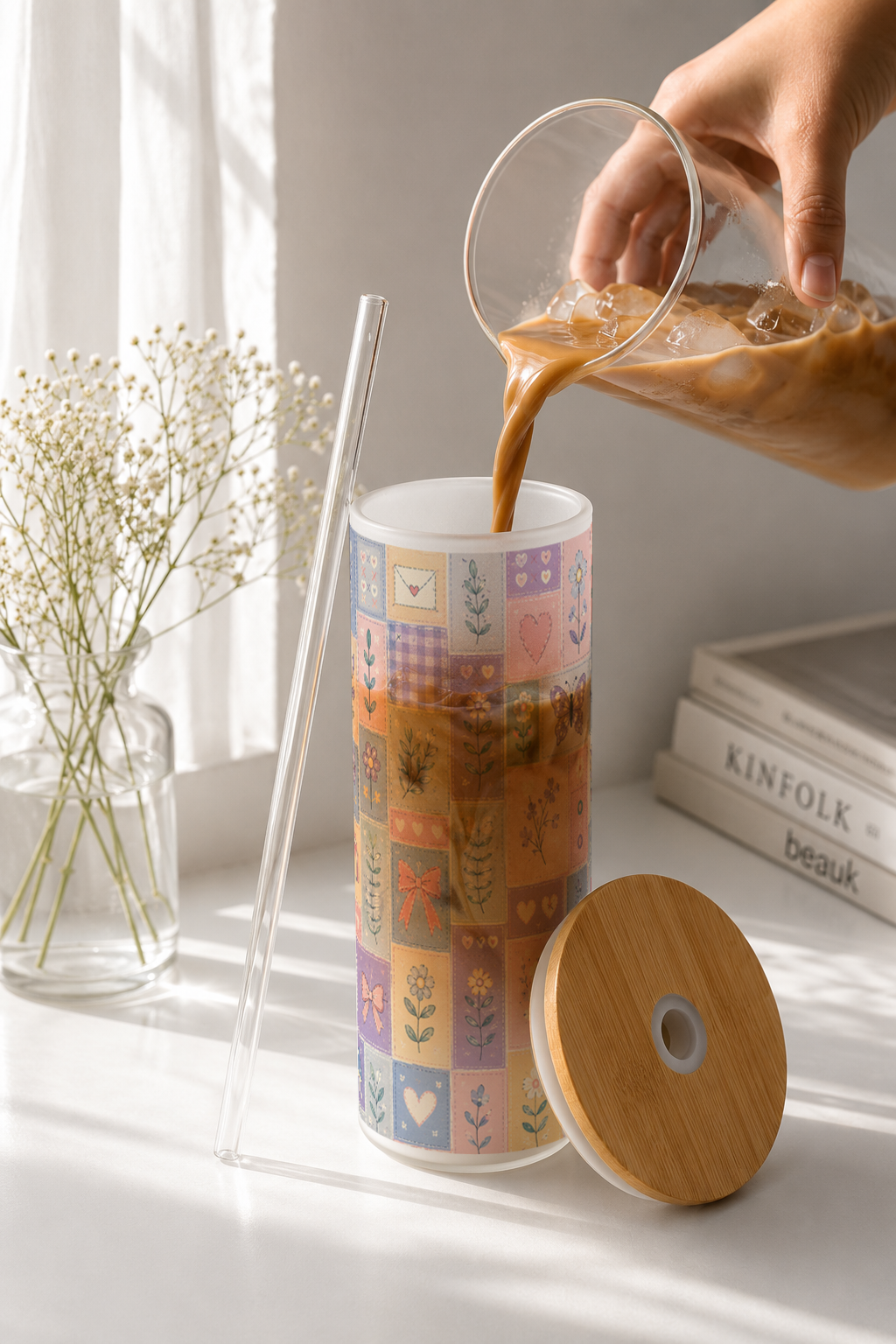 Frosted Grande Sipper 650ml|Patch Work Poetry Print| 20oz Tall Tumbler with Straw and Lid 1219 Avenue