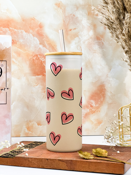 Frosted Grande Sipper 650ml| Pink Hearts All Over Print| 20oz Tall Tumbler with straw and lid 1219 Avenue India