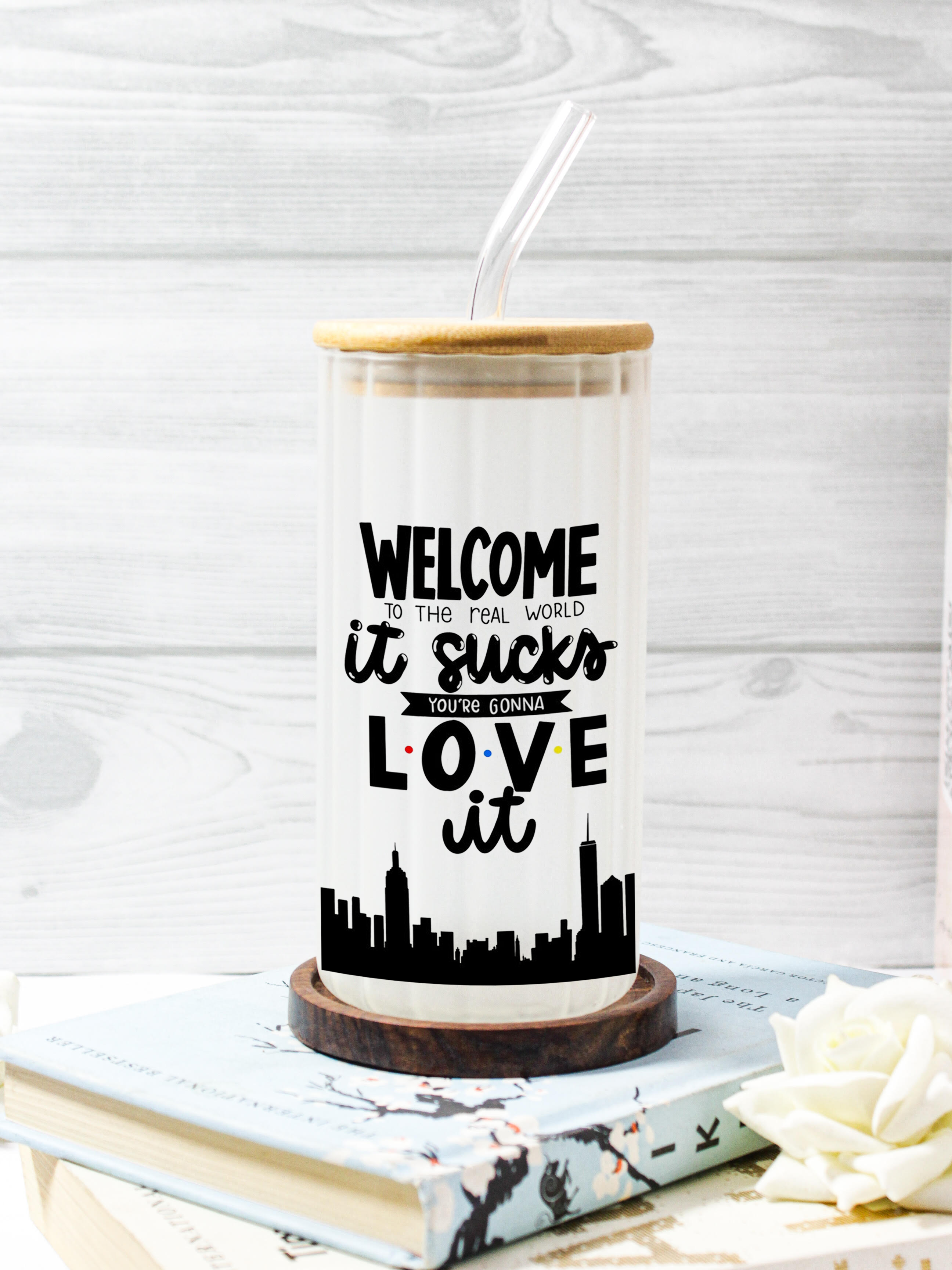Frosted Ripple Taille Sipper 500ml| Friends Themed Print | 18oz Ripple Frosted Glass Tumbler with lid and straw 1219 Avenue India