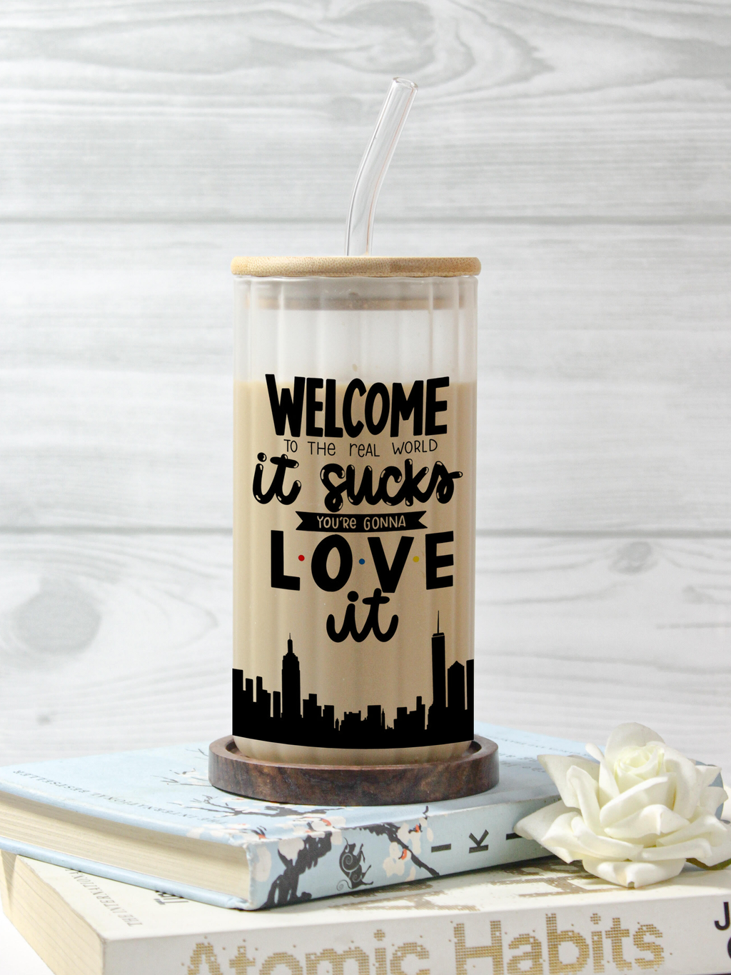 Frosted Ripple Taille Sipper 500ml| Friends Themed Print | 18oz Ripple Frosted Glass Tumbler with lid and straw 1219 Avenue India