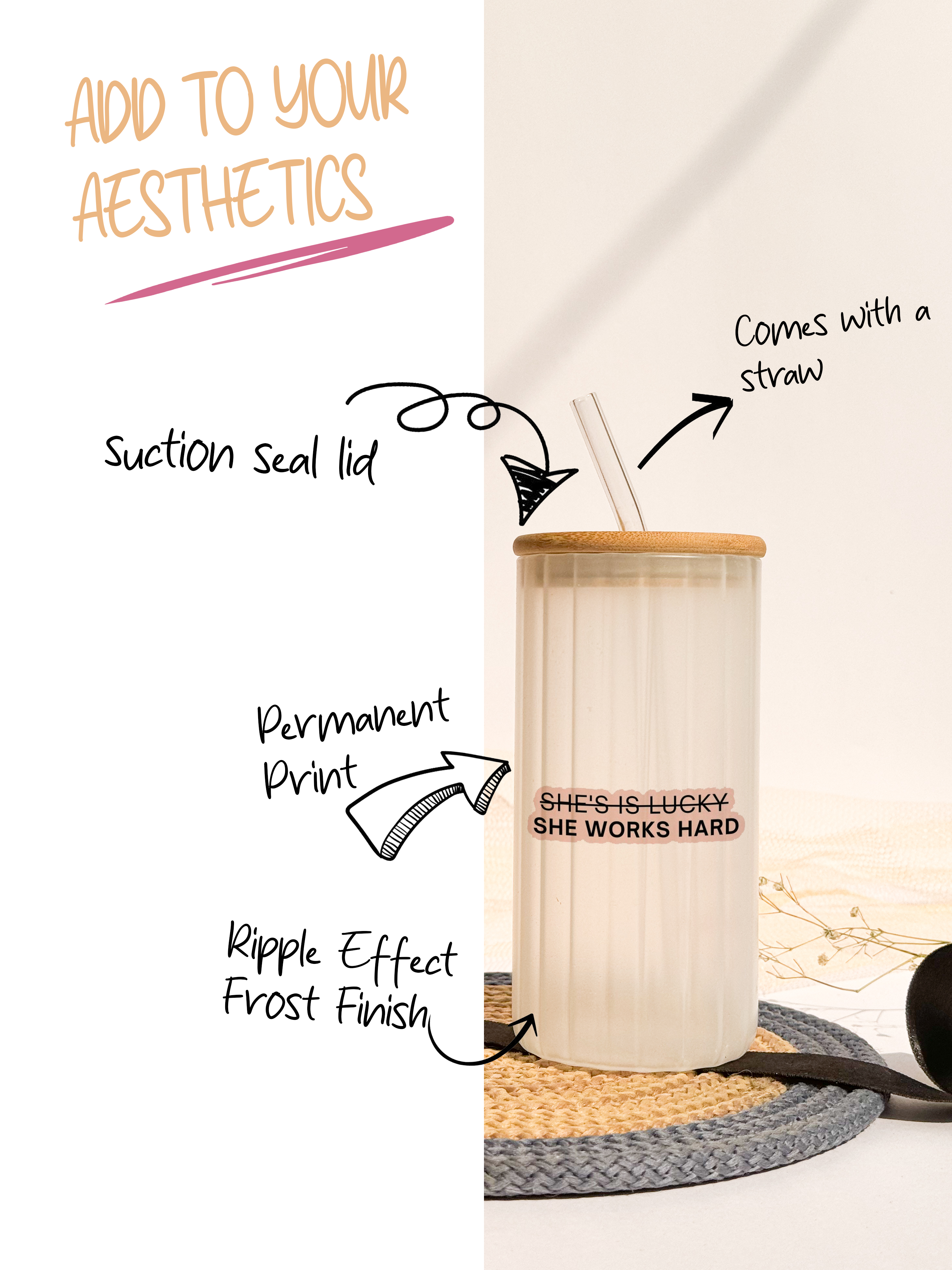 Frosted Ripple Taille Sipper 500ml| She Works Hard Print | 18oz Ripple Frosted Glass Tumbler with lid and straw 1219 Avenue India