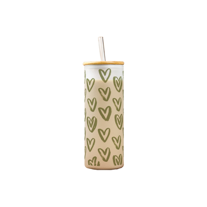 Frosted Grande Sipper 650ml| Matcha Hearts Print| 20oz Tall Tumbler with Straw and Lid