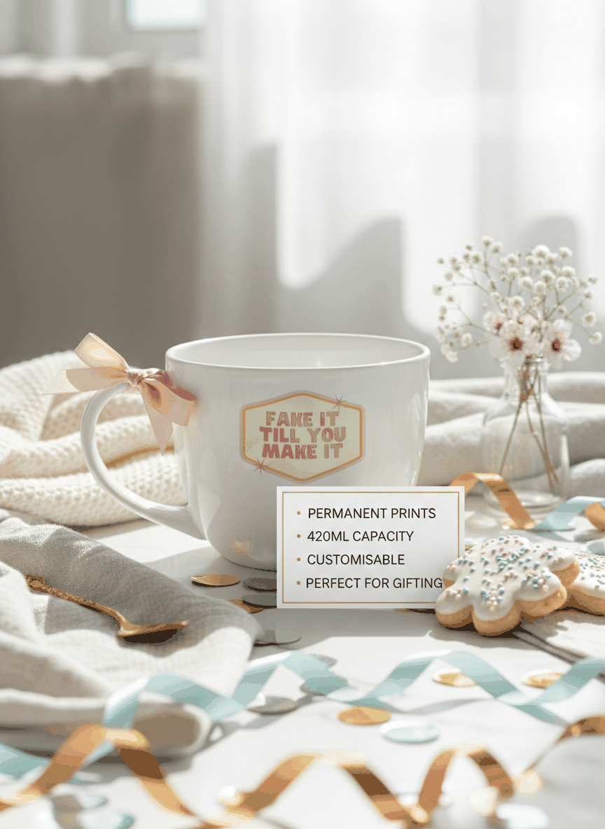 Grande Ceramic Coffee & Tea Cup – 380 ml | “Fake It ” Permanent Print | Premium Quality Ceramic Mug for Home, Office & Gifting 1219 Avenue India