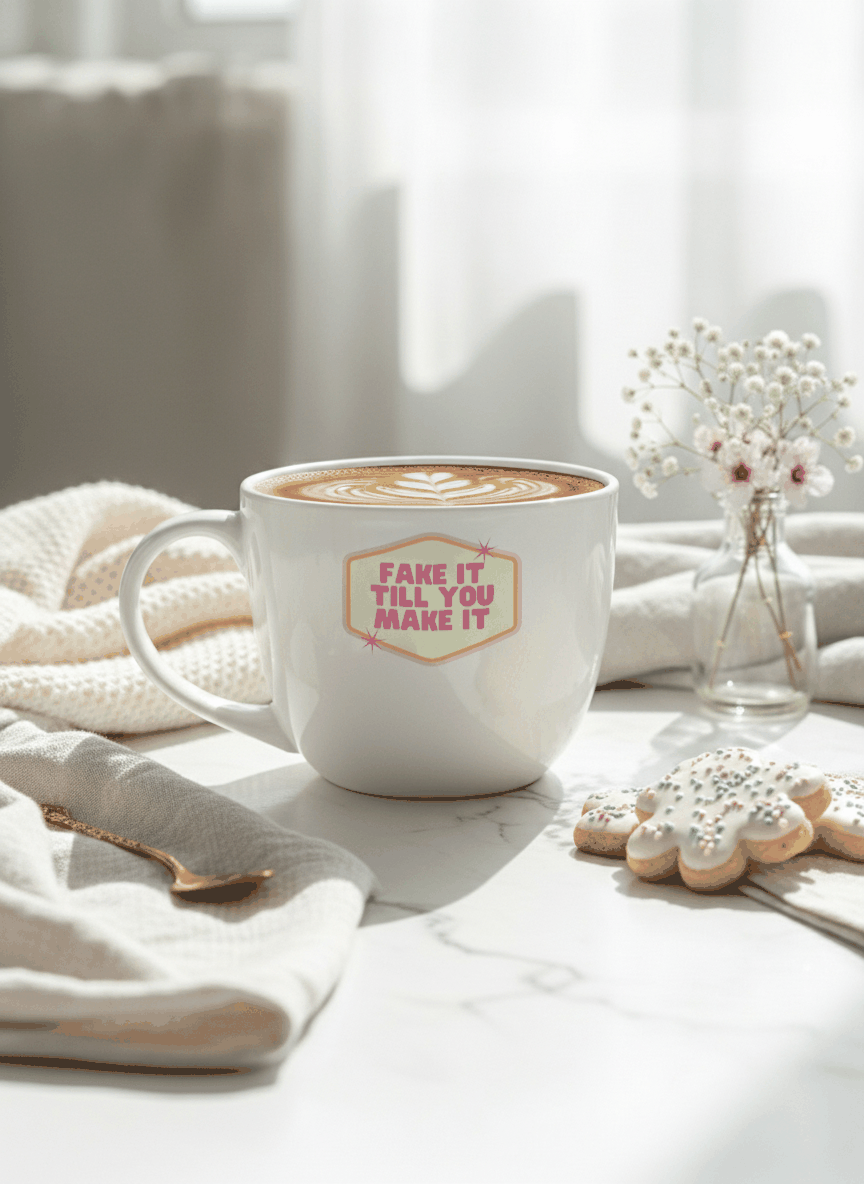 Grande Ceramic Coffee & Tea Cup – 380 ml | “Fake It ” Permanent Print | Premium Quality Ceramic Mug for Home, Office & Gifting 1219 Avenue India