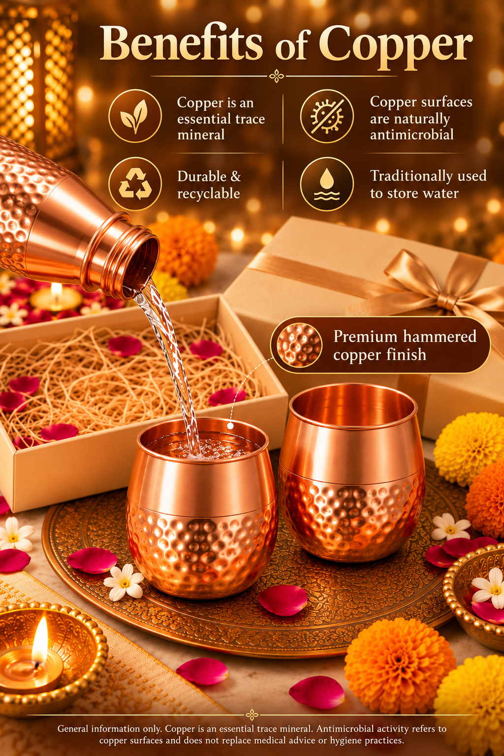 Hammer Halo Duo Copper Glass Gift Set | 99% Pure Copper Glasses | Premium Hammered Copper Drinkware | Luxury Diwali Gift Set 1219 Avenue