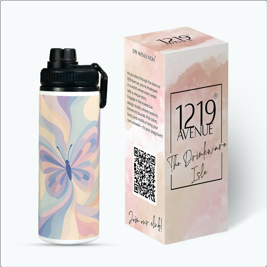 Tank-Sip Bottle 750ml |Butterfly Aura Print | Leak Proof | Printed Bottle with Carry Hook, Durable & Stylish