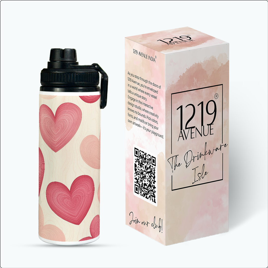 Tank-Sip Bottle 750ml | Candy Hearts Print | Leak Proof | Printed Bottle with Carry Hook, Durable & Stylish