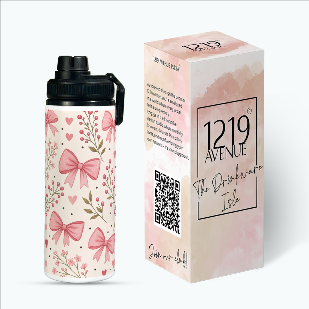 Tank-Sip Bottle 750ml | Bows Blossom Print | Leak Proof | Printed Bottle with Carry Hook, Durable & Stylish