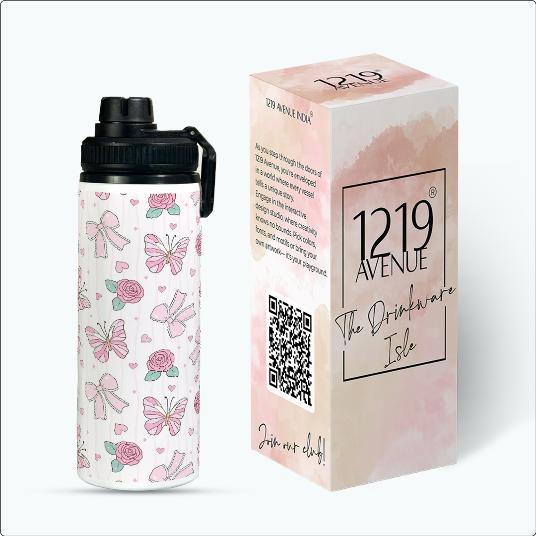 Tank-Sip Bottle 750ml | Rose Flutter Print | Leak Proof | Printed Bottle with Carry Hook, Durable & Stylish
