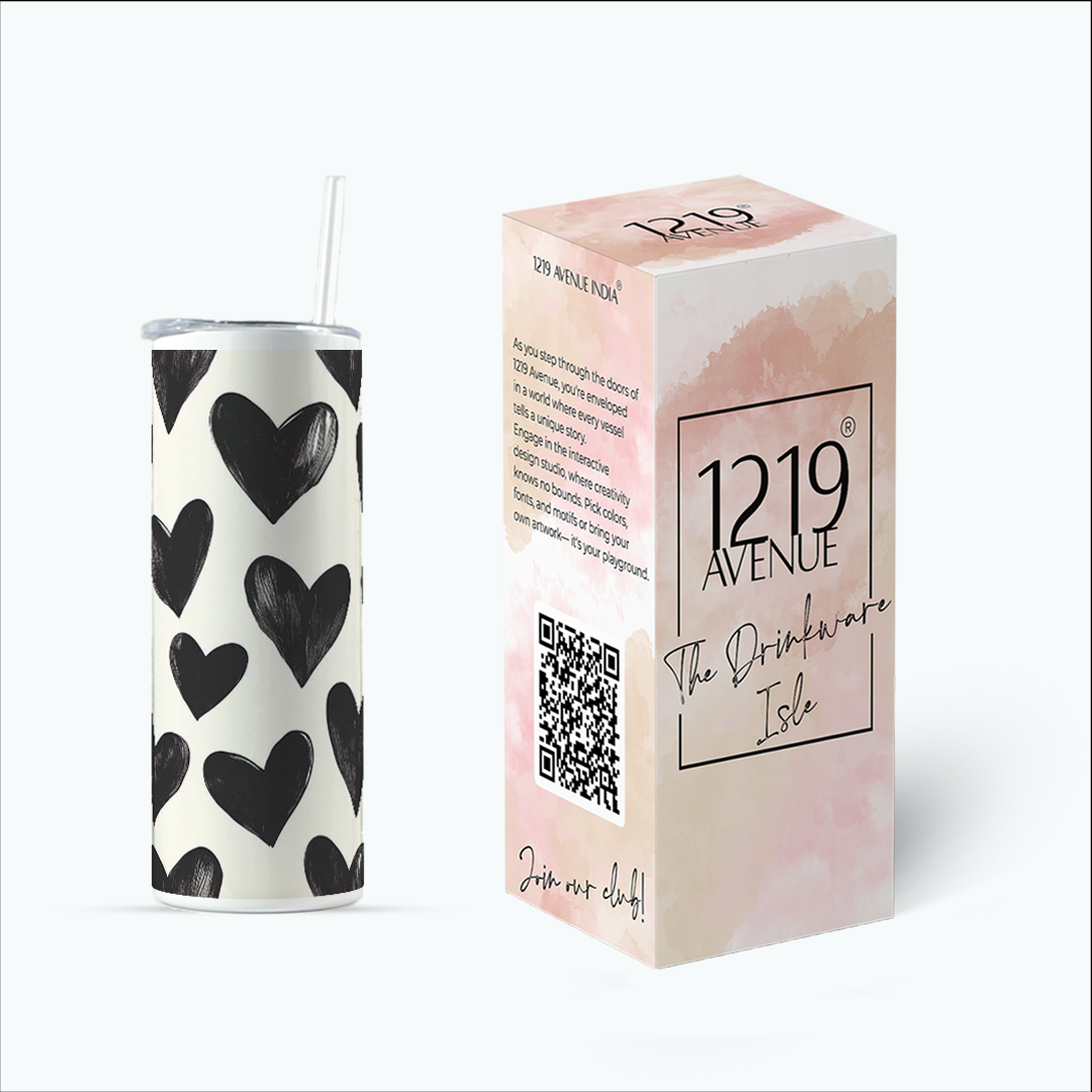 Colossal Tumbler 700ML with Silicon Straw | Bouji Black Hearts Print |Double Walled Insulated Tumbler 7-8 hrs