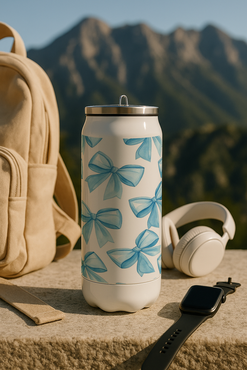 Ivora Metal Can Sipper 450 ML| Metal Cans 450 ML |Blue Whimsy Bows Print | Double Walled Hot And Cold Tumbler 1219 Avenue India
