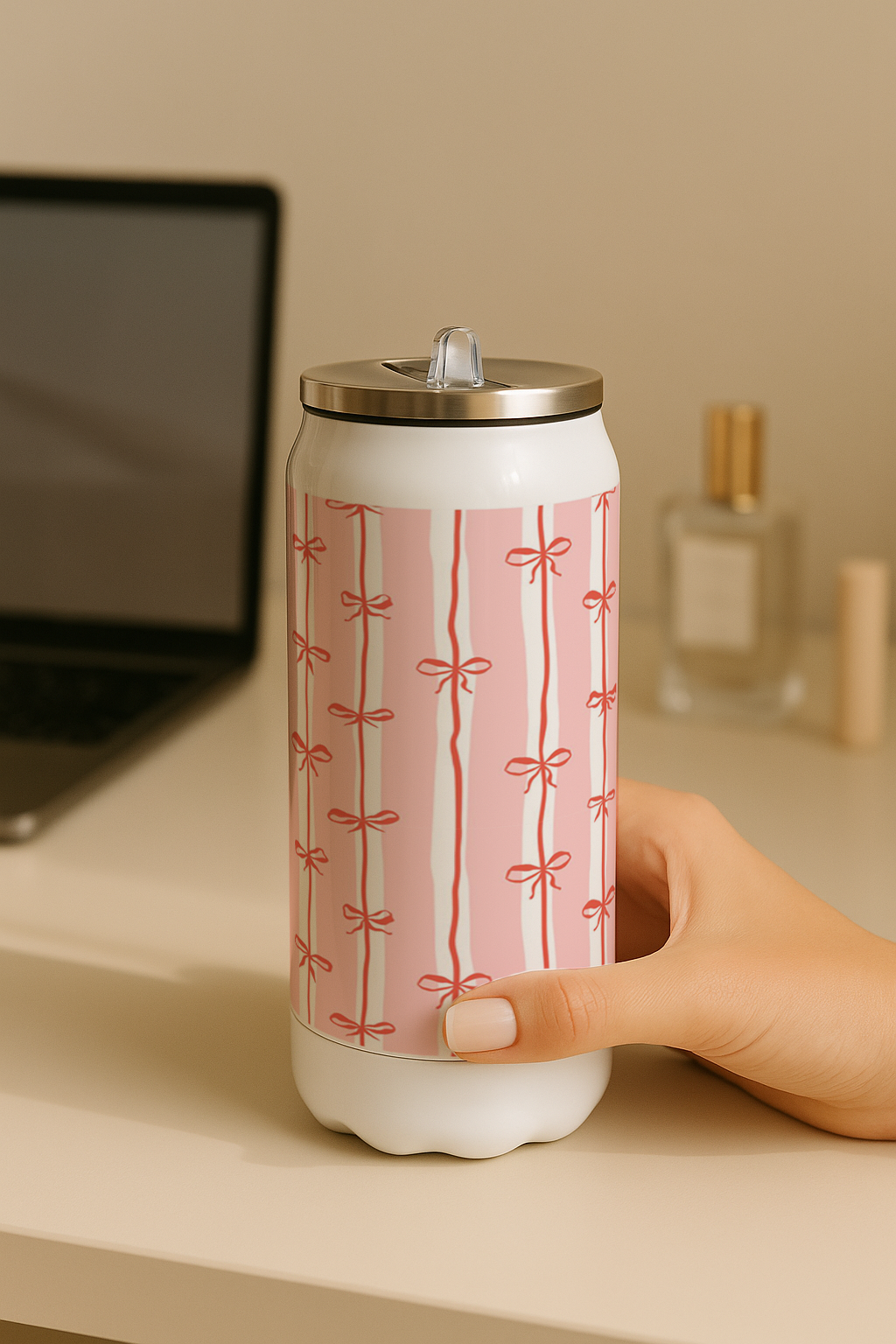 Ivora Metal Can Sipper 450 ML| Metal Cans 450 ML | Blush Bow Trail Print | Double Walled Hot And Cold Tumbler 1219 Avenue India