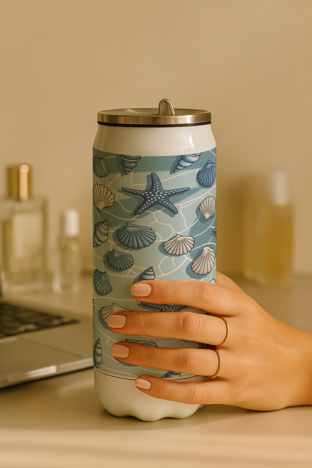 Ivora Metal Can Sipper 450 ML| Metal Cans 450 ML | Ocean Breeze Print | Double Walled Hot And Cold Tumbler 1219 Avenue India