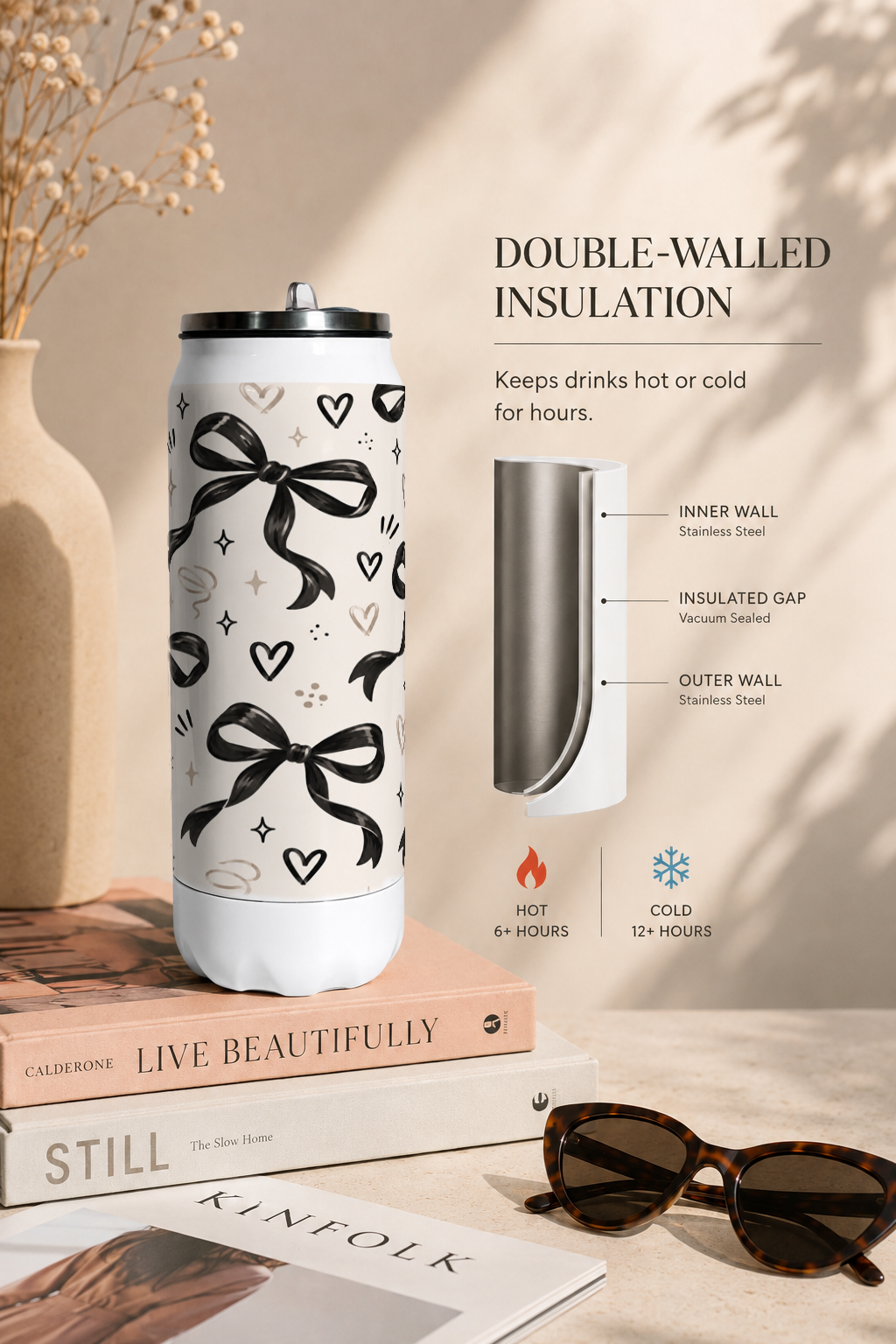 Ivora Metal Can Sipper 500 ML| Black Bows Print | Double Walled Hot And Cold Tumbler 1219 Avenue