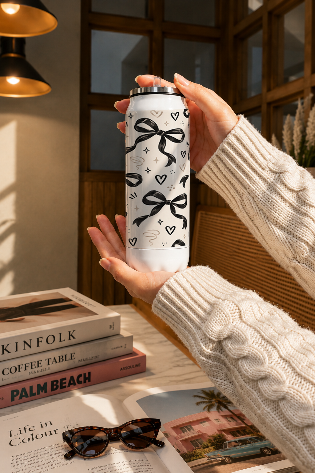 Ivora Metal Can Sipper 500 ML| Black Bows Print | Double Walled Hot And Cold Tumbler 1219 Avenue