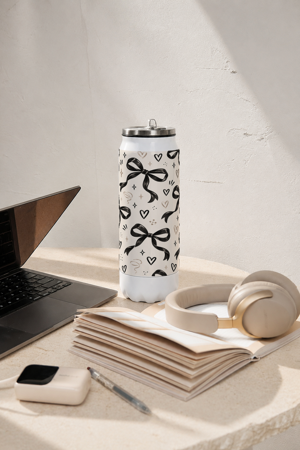 Ivora Metal Can Sipper 500 ML| Black Bows Print | Double Walled Hot And Cold Tumbler 1219 Avenue