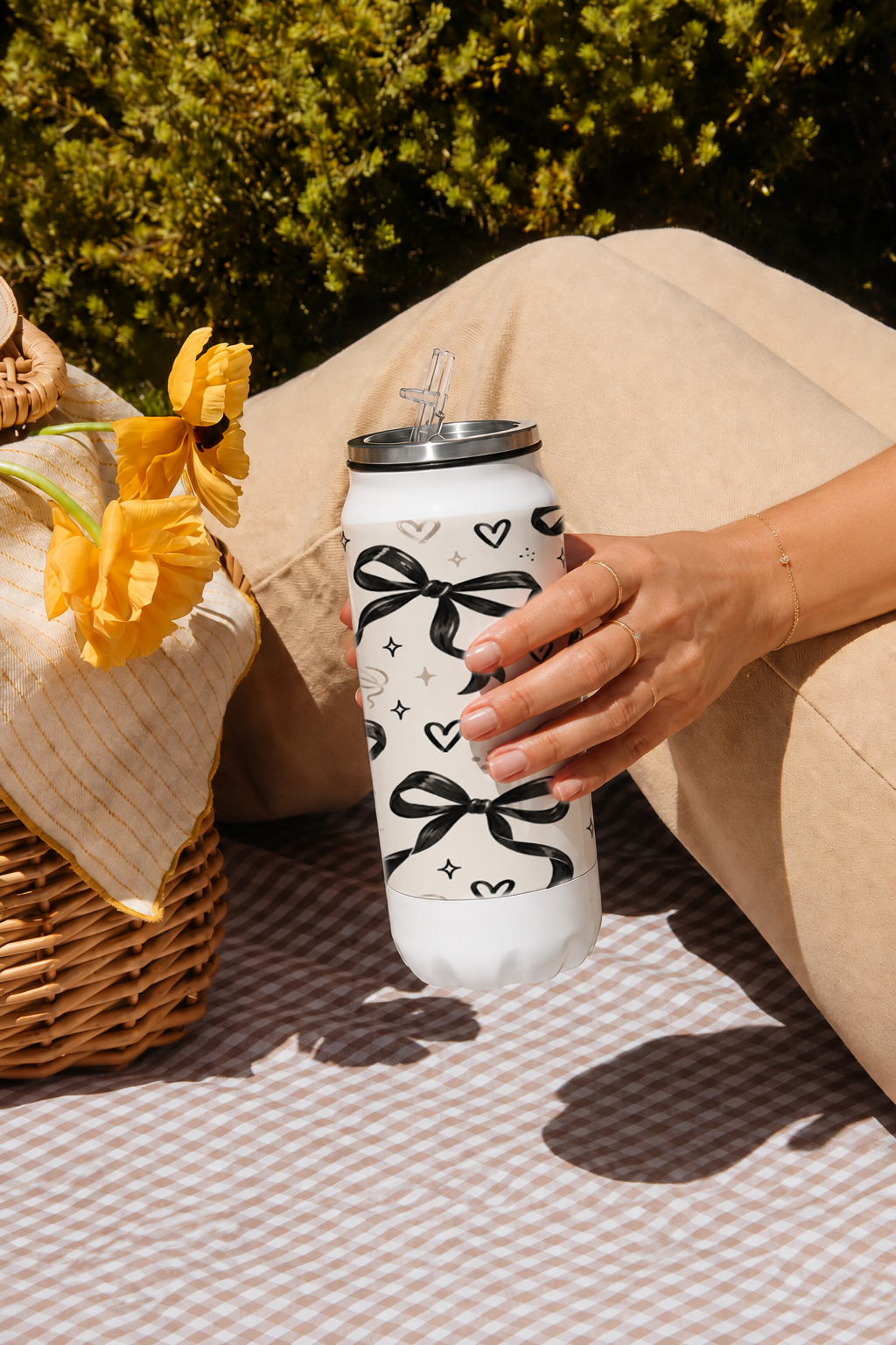 Ivora Metal Can Sipper 500 ML| Black Bows Print | Double Walled Hot And Cold Tumbler 1219 Avenue
