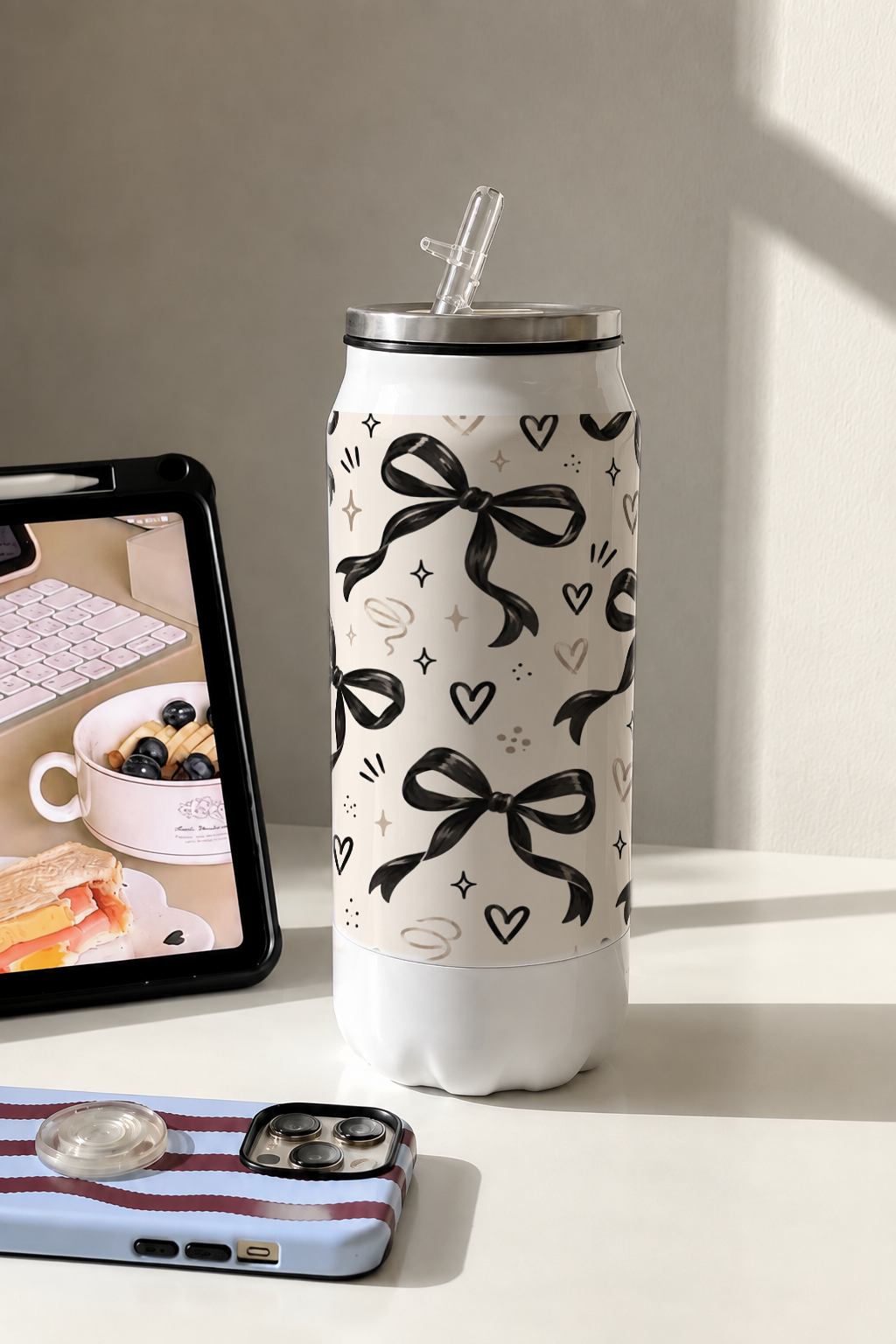 Ivora Metal Can Sipper 500 ML| Black Bows Print | Double Walled Hot And Cold Tumbler 1219 Avenue