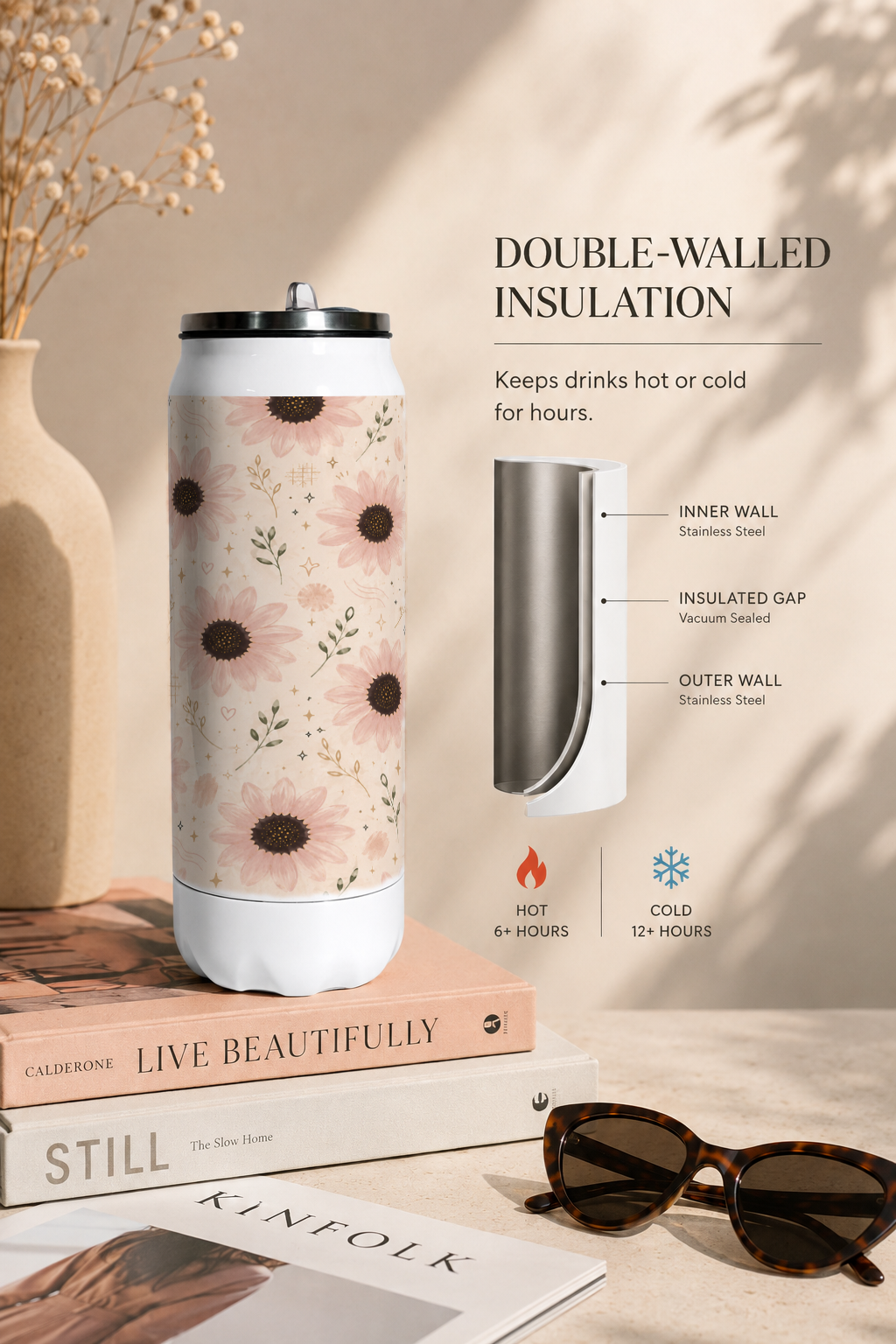 Ivora Metal Can Sipper 500 ML| Blush Botanica Print | Double Walled Hot And Cold Tumbler 1219 Avenue
