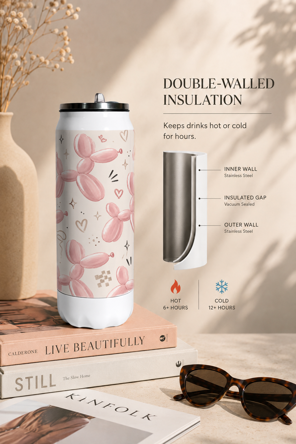 Ivora Metal Can Sipper 500 ML| Blush Pop Print | Double Walled Hot And Cold Tumbler 1219 Avenue