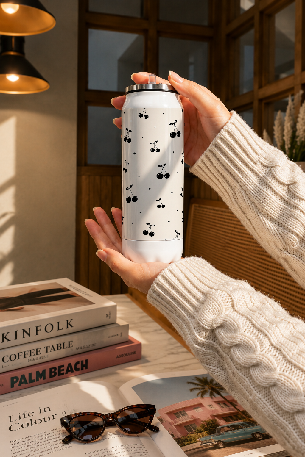 Ivora Metal Can Sipper 500 ML| Cherry Noir Print | Double Walled Hot And Cold Tumbler 1219 Avenue