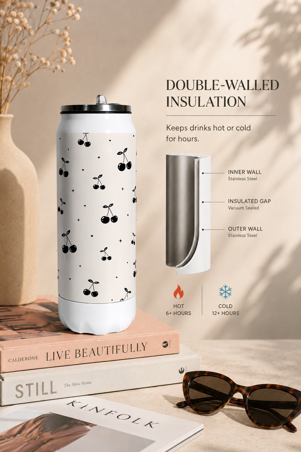 Ivora Metal Can Sipper 500 ML| Cherry Noir Print | Double Walled Hot And Cold Tumbler 1219 Avenue