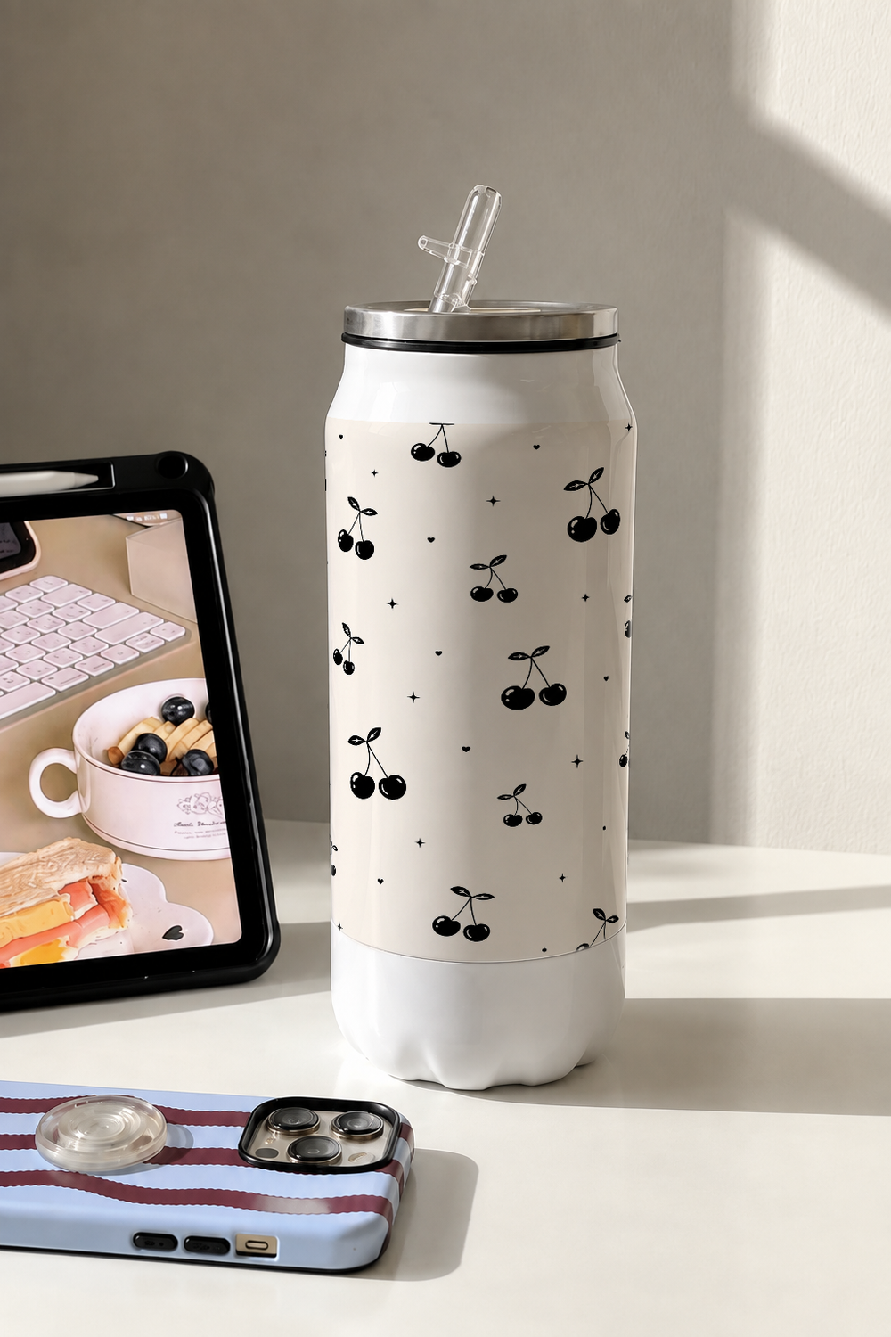 Ivora Metal Can Sipper 500 ML| Cherry Noir Print | Double Walled Hot And Cold Tumbler