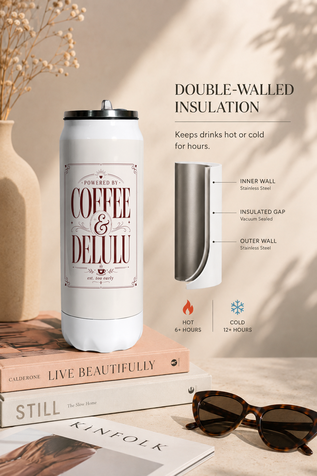 Ivora Metal Can Sipper 500 ML| Coffee & Delulu Print | Double Walled Hot And Cold Tumbler 1219 Avenue
