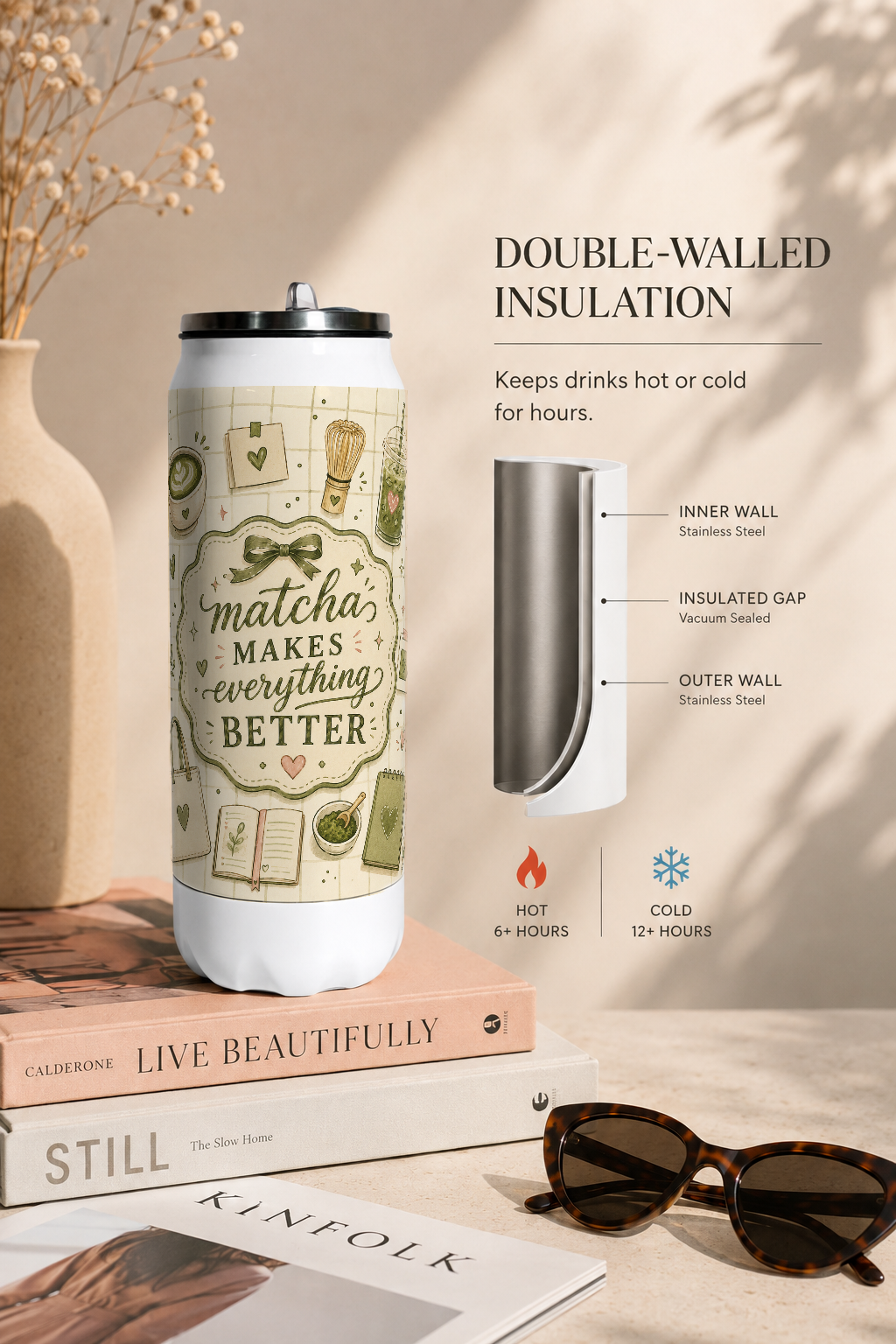 Ivora Metal Can Sipper 500 ML| Matcha Love Print | Double Walled Hot And Cold Tumbler 1219 Avenue
