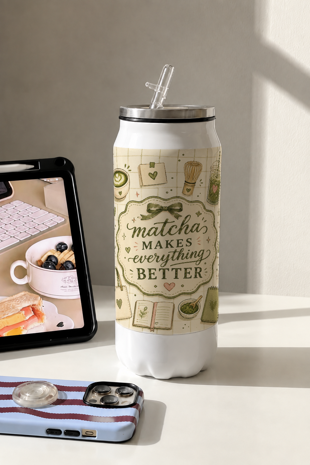 Ivora Metal Can Sipper 500 ML| Matcha Love Print | Double Walled Hot And Cold Tumbler 1219 Avenue