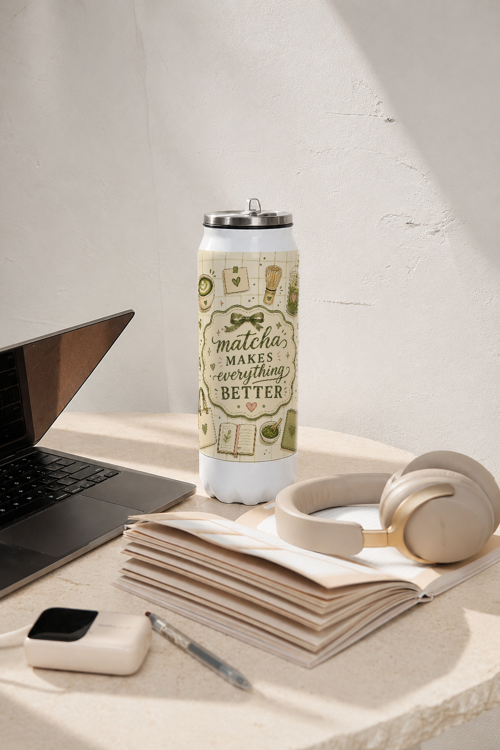 Ivora Metal Can Sipper 500 ML| Matcha Love Print | Double Walled Hot And Cold Tumbler