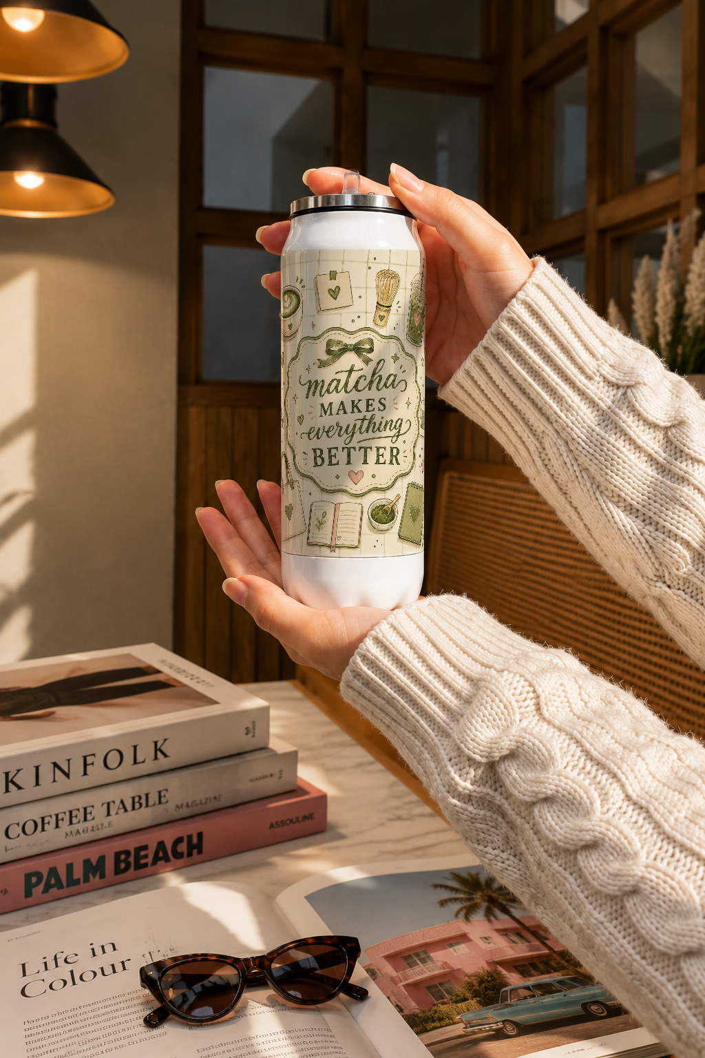 Ivora Metal Can Sipper 500 ML| Matcha Love Print | Double Walled Hot And Cold Tumbler 1219 Avenue