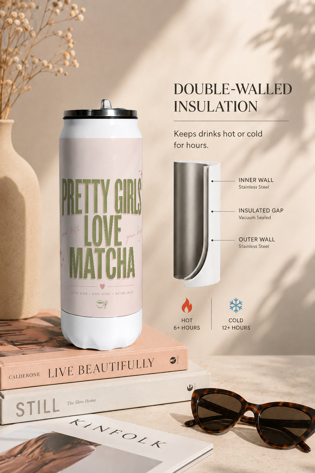 Ivora Metal Can Sipper 500 ML| Matcha Muse Print | Double Walled Hot And Cold Tumbler 1219 Avenue