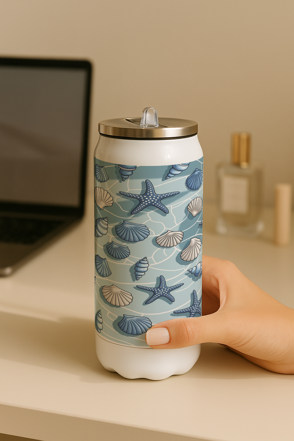 Ivora Metal Can Sipper 450 ML| Metal Cans 450 ML | Ocean Breeze Print | Double Walled Hot And Cold Tumbler 1219 Avenue India