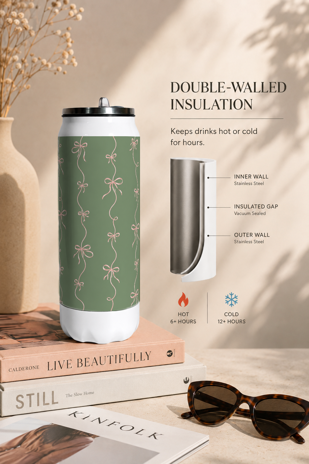 Ivora Metal Can Sipper 500 ML| Sage & Silk Print | Double Walled Hot And Cold Tumbler 1219 Avenue