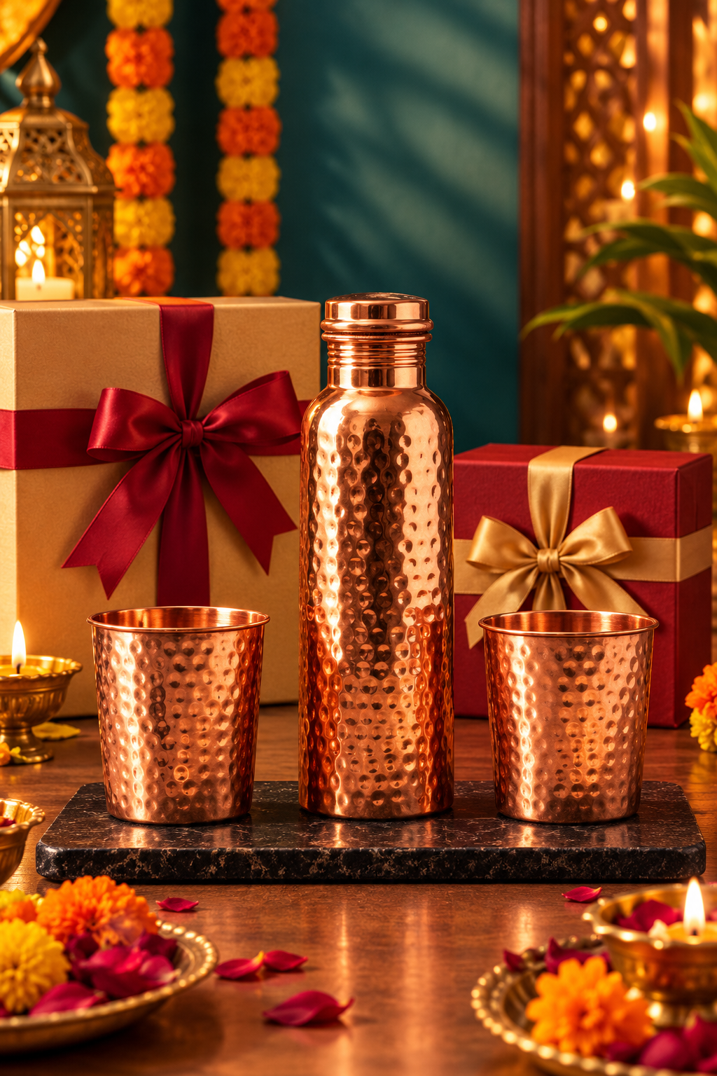 Kosha Copper Gift Set | 99% Pure Copper Water Bottle 1000ml with 2 Hammered Copper Glasses | Premium 3 in 1 Copper Drinkware | Luxury Diwali Gift Set 1219 Avenue