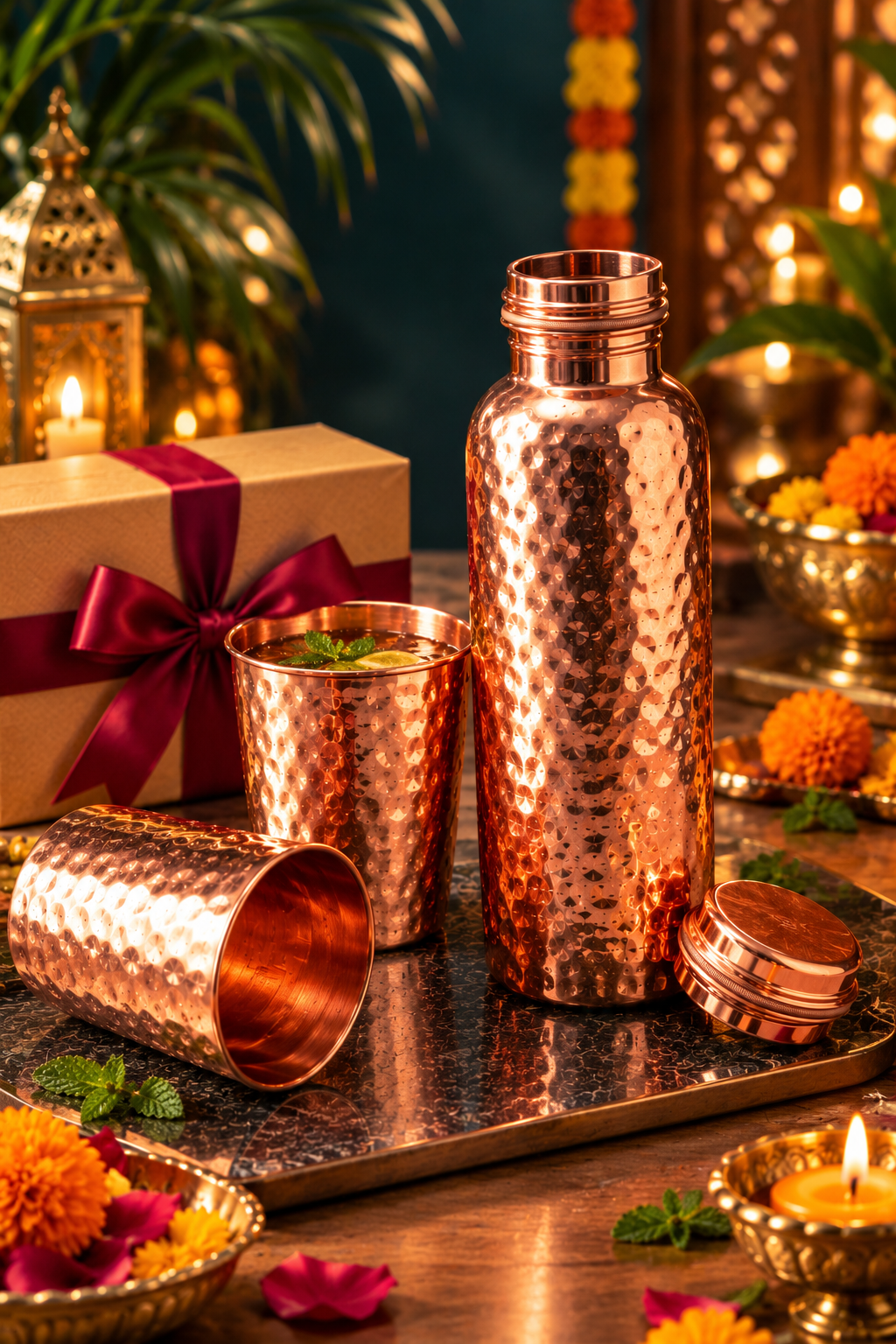 Kosha Copper Gift Set | 99% Pure Copper Water Bottle 1000ml with 2 Hammered Copper Glasses | Premium 3 in 1 Copper Drinkware | Luxury Diwali Gift Set 1219 Avenue