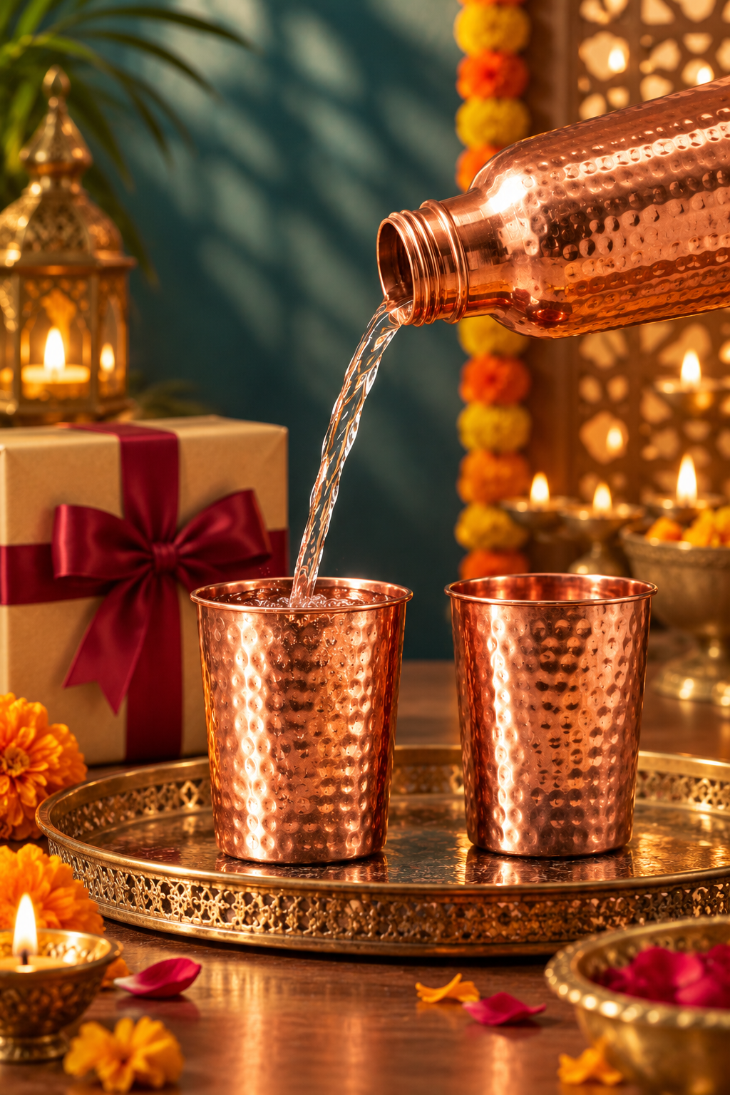 Kosha Copper Gift Set | 99% Pure Copper Water Bottle 1000ml with 2 Hammered Copper Glasses | Premium 3 in 1 Copper Drinkware | Luxury Diwali Gift Set 1219 Avenue