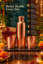 Kosha Copper Gift Set | 99% Pure Copper Water Bottle 1000ml with 2 Hammered Copper Glasses | Premium 3 in 1 Copper Drinkware | Luxury Diwali Gift Set 1219 Avenue