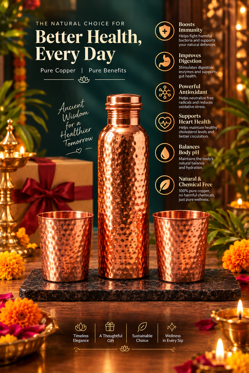 Kosha Copper Gift Set | 99% Pure Copper Water Bottle 1000ml with 2 Hammered Copper Glasses | Premium 3 in 1 Copper Drinkware | Luxury Diwali Gift Set 1219 Avenue