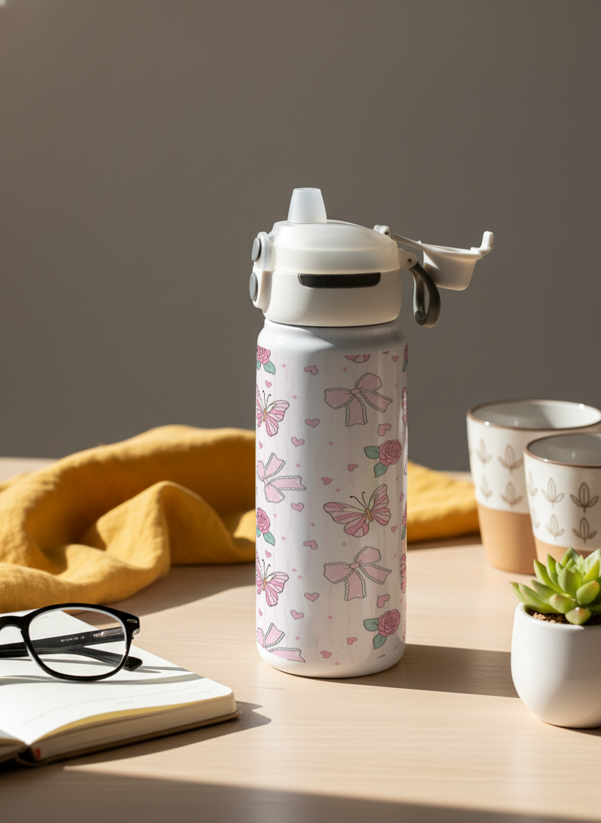 Lumi Insulated Premium Water Bottle 650ml – Bow & Bloom Print | 12+ Hours Hot & Cold | 2-Way Lid